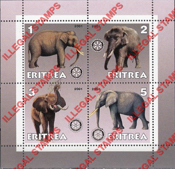 Eritrea 2001 Elephants Counterfeit Illegal Stamp Souvenir Sheet of 4 Eritrea 2001 Elephants Counterfeit Illegal Stamp Souvenir Sheet of 4